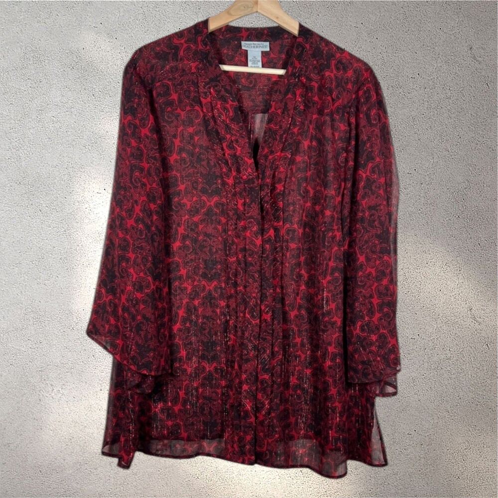 Catherines Maggie Barnes Tunic Top Plus 1X Red Sheer Paisley Shimmer Button Up
